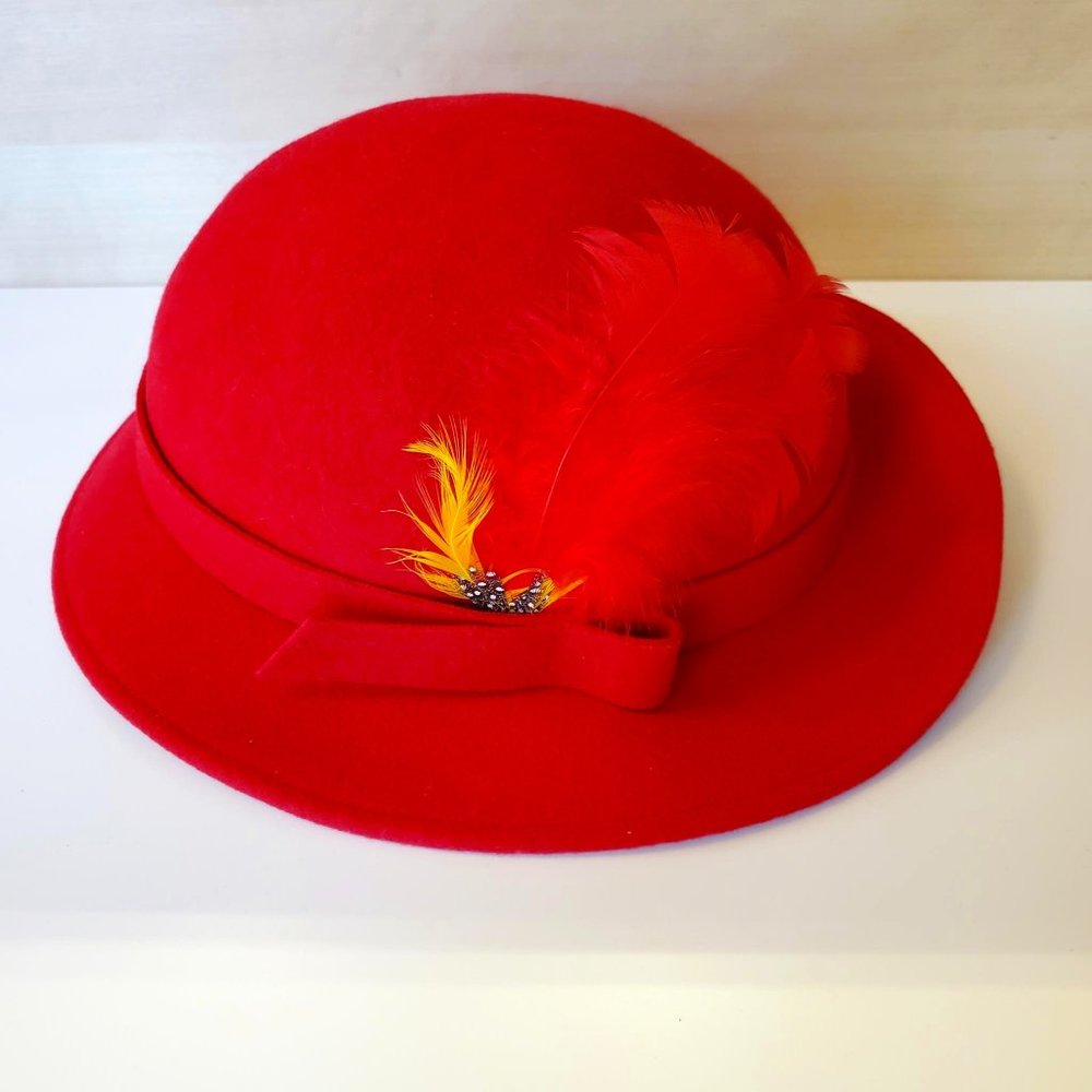 Vintage Geo. W. Bollman Doeskin Felt Wool Red Hat Yellow Feathers